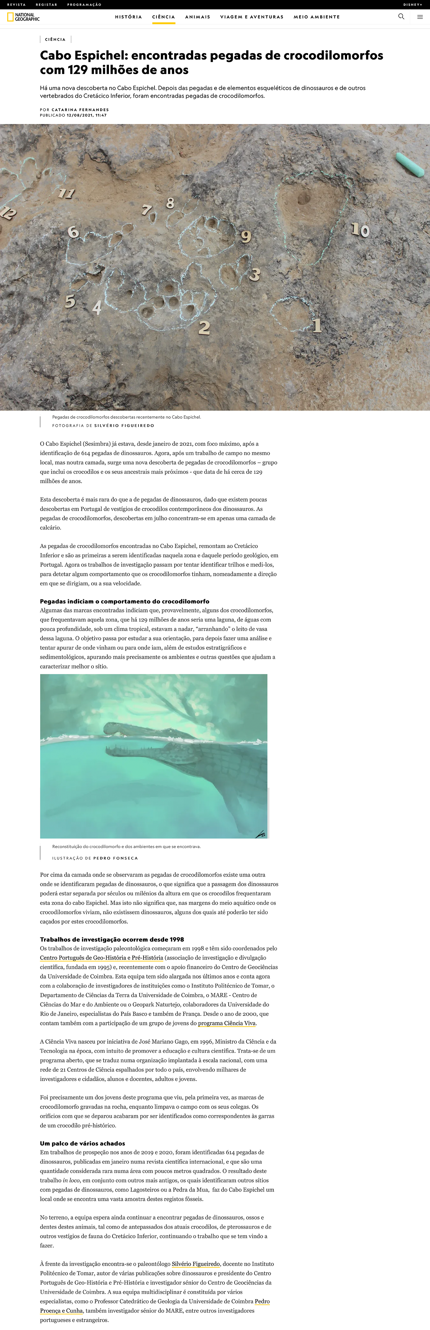 Notícia da National Geographic - Cabo Espichel: encontradas pegadas de crocodilomorfos com 129 milhões de anos - Edição online de 12 de Agosto de 2021